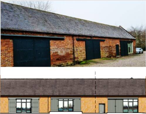 Farm building photo and sketch of proposed alterations