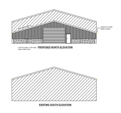 Commercial plan in rugby Borough showing proposed north elevation with a 15 degree pitched roof and steel box profile gutter system and existing south elevation