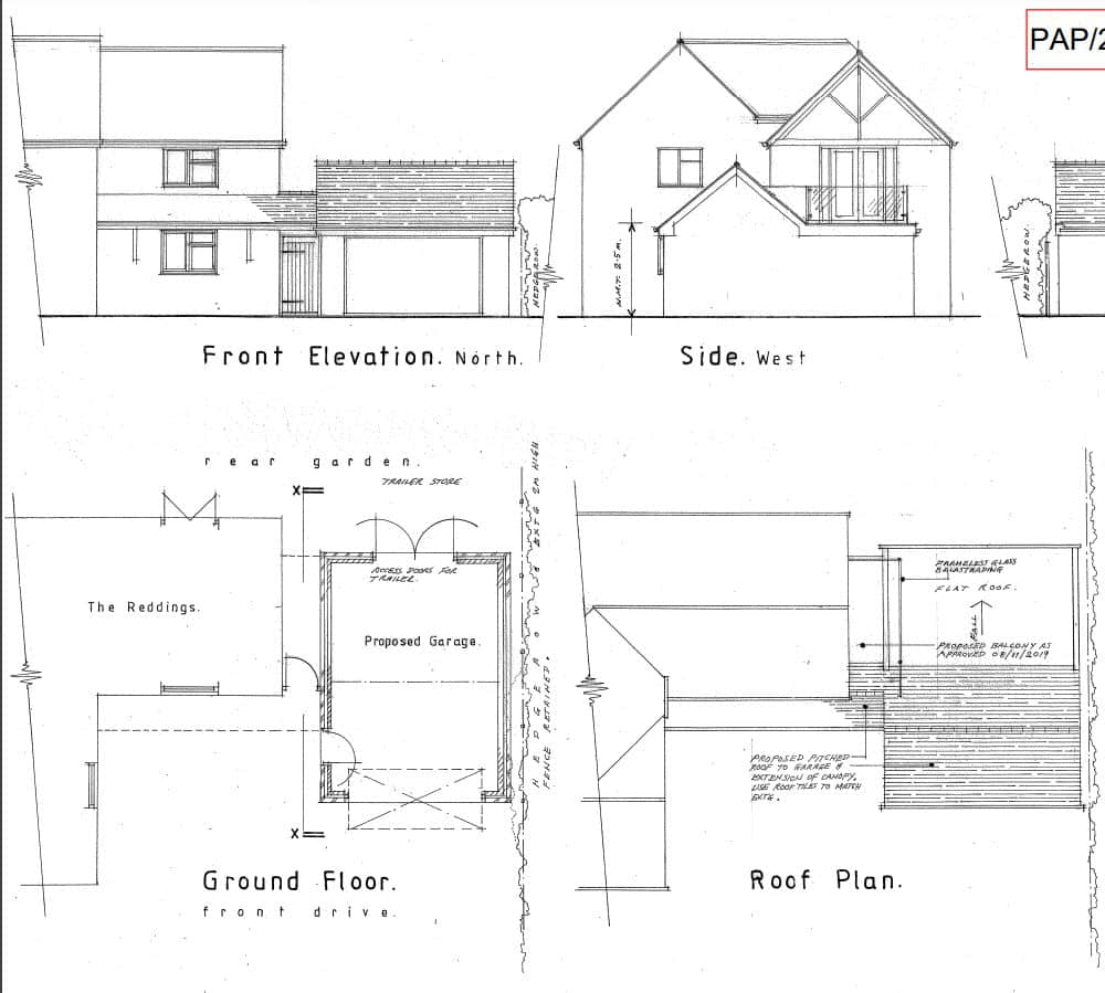 Plan showing proposed front elevation, west side, ground floor and roof