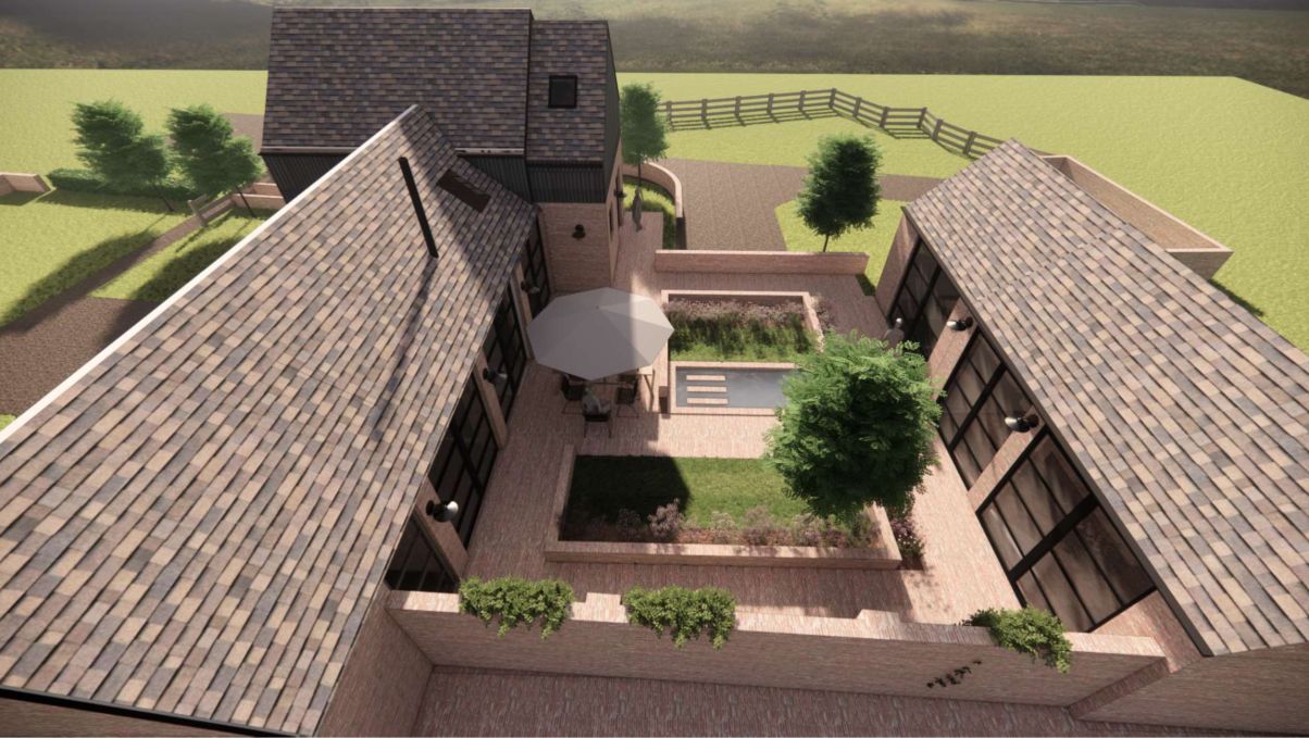 cgi of conversion and extension of outbuildings in green belt